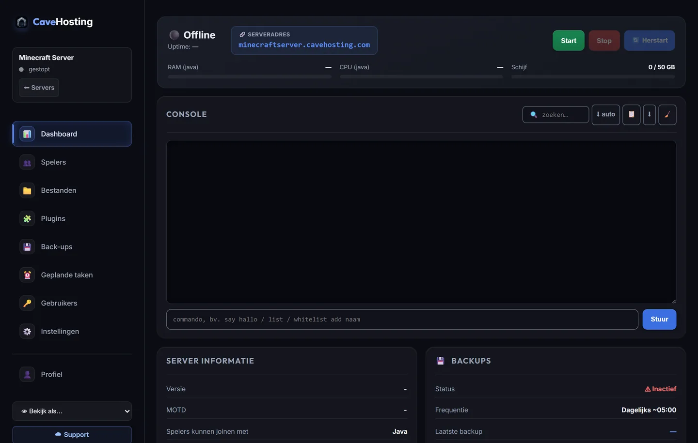 Het CaveHosting-beheerpaneel: live console, start/stop, back-ups en serverbeheer op één scherm.